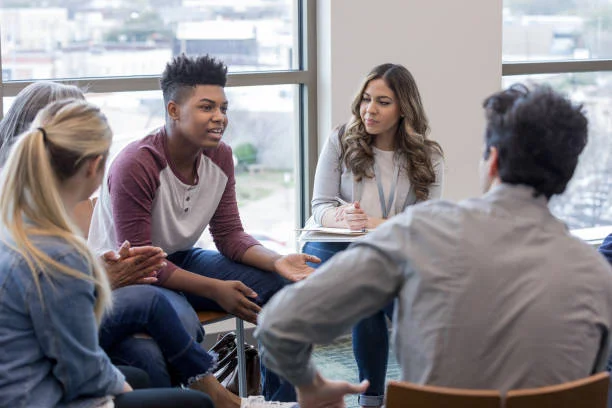 a group of people discussing